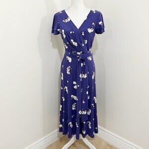 Lauren Ralph Lauren Purple Floral Dress Flutter Sleeves Surplice Neckline Size 6